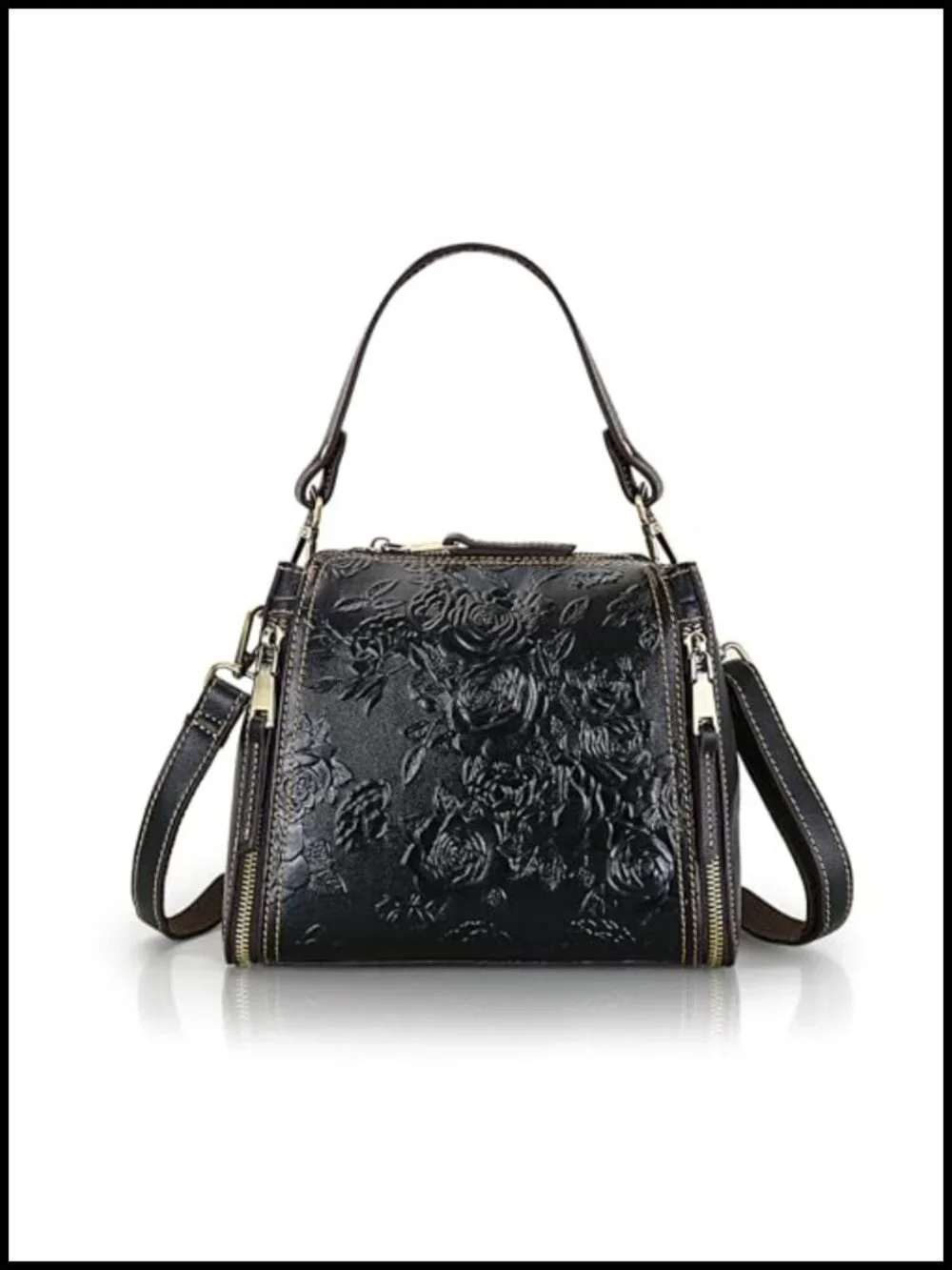 Vintage Embossed Leather Crossbody Satchel Tote - Adjustable Strap